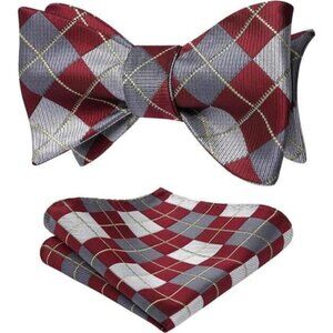 Check Plaid Self Tie Bow Tie and Pocket A-burgundy / Gray